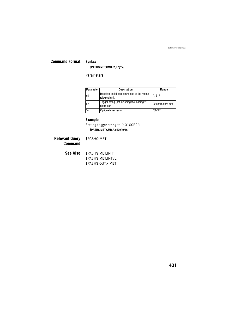 Command format, Relevant query command, See also | Spectra Precision ProFlex 800 Reference Manual User Manual | Page 415 / 748
