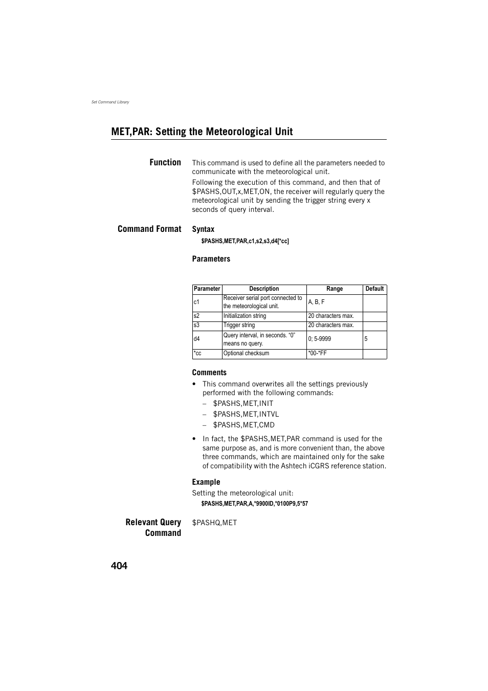 Met,par: setting the meteorological unit, Function, Command format | Relevant query command | Spectra Precision ProFlex 800 Reference Manual User Manual | Page 418 / 748