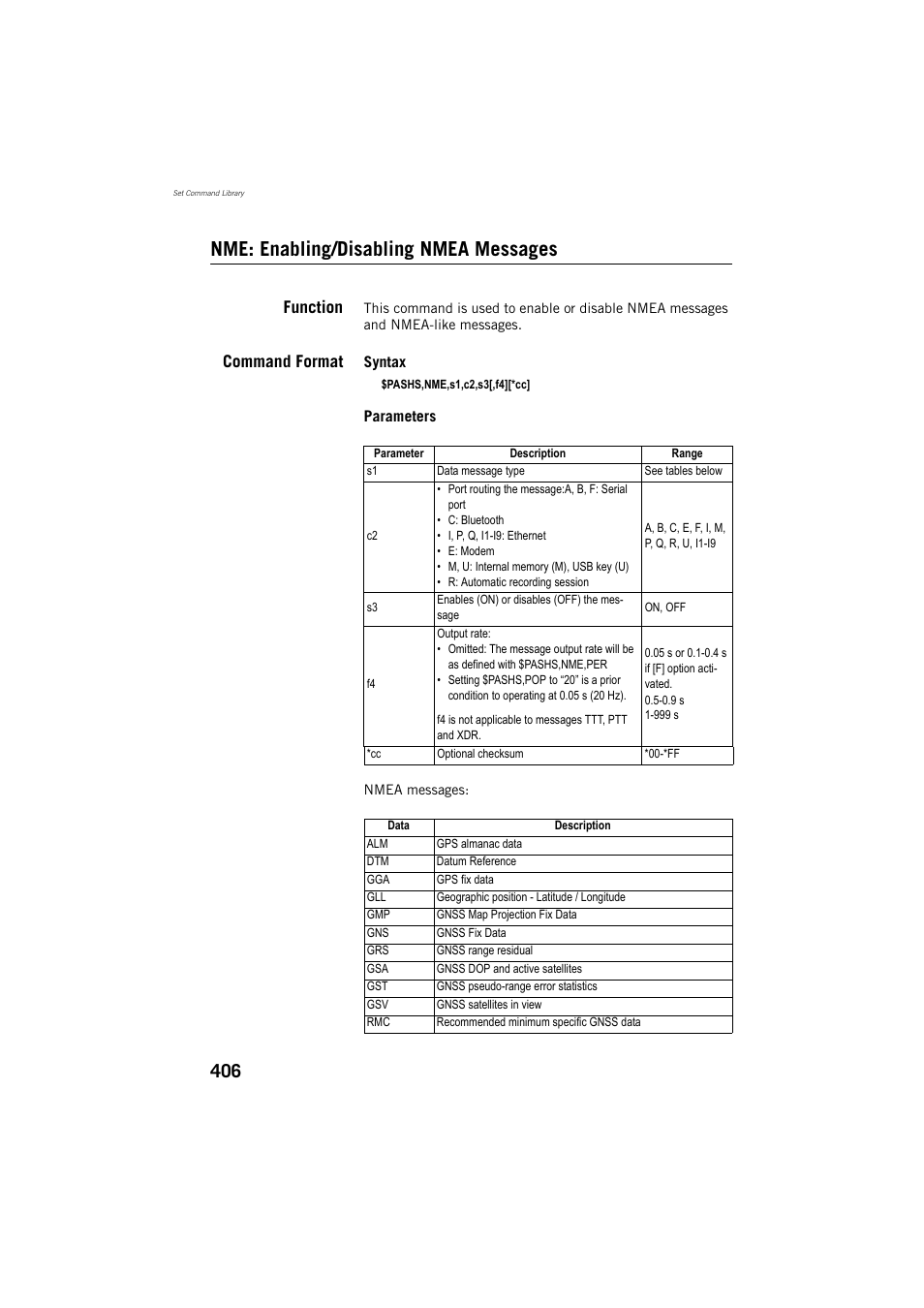Nme: enabling/disabling nmea messages, Function, Command format | Spectra Precision ProFlex 800 Reference Manual User Manual | Page 420 / 748