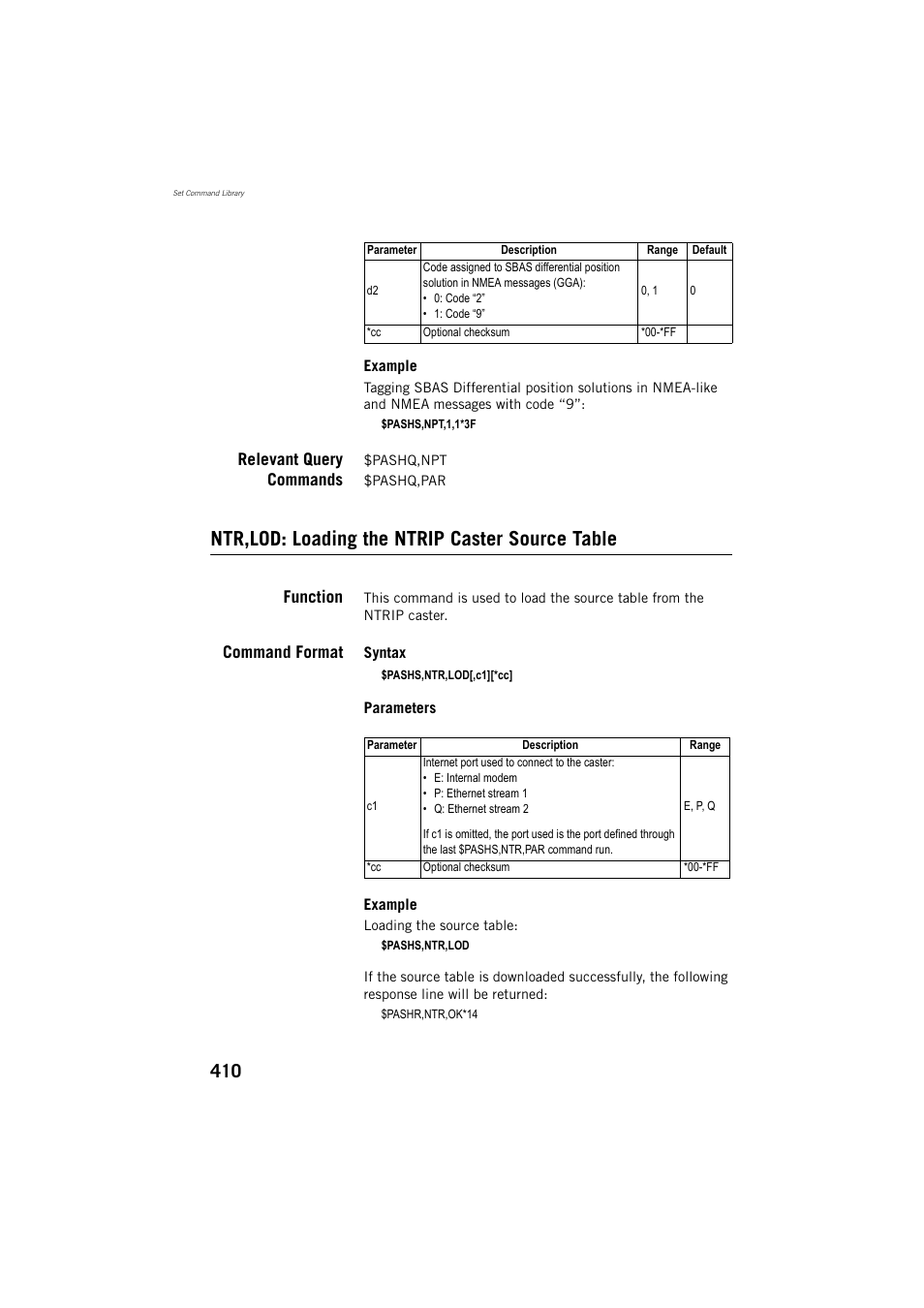 Relevant query commands, Ntr,lod: loading the ntrip caster source table, Function | Command format | Spectra Precision ProFlex 800 Reference Manual User Manual | Page 424 / 748