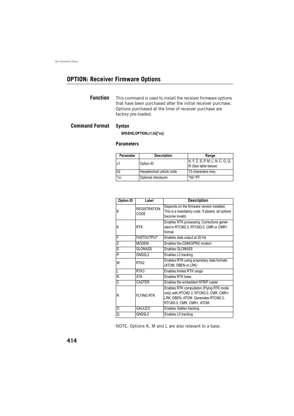 Option: receiver firmware options, Function, Command format | Spectra Precision ProFlex 800 Reference Manual User Manual | Page 428 / 748