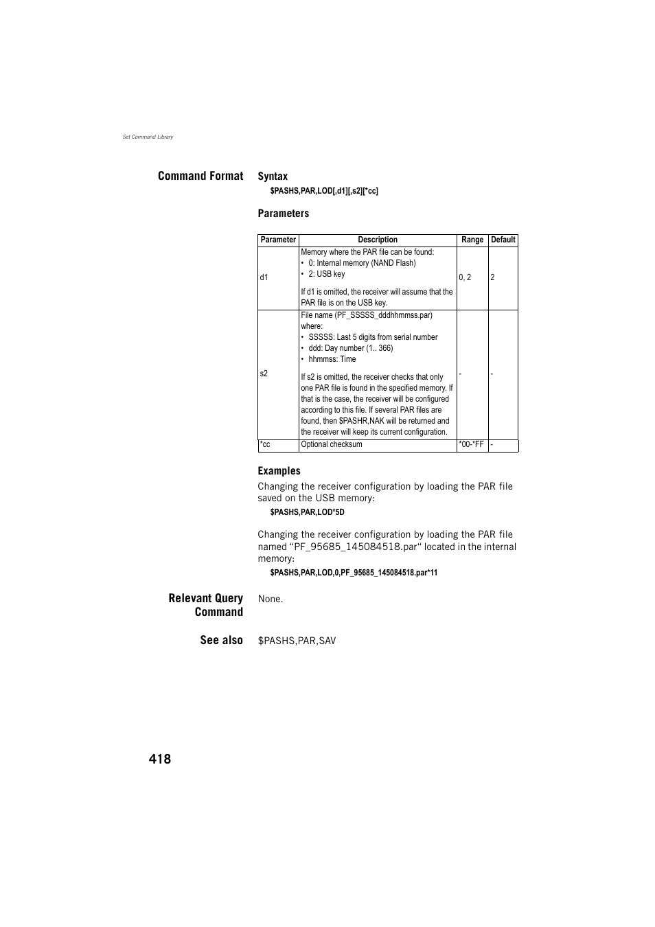 Command format, Relevant query command, See also | Spectra Precision ProFlex 800 Reference Manual User Manual | Page 432 / 748