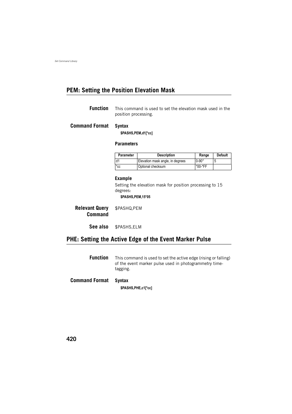 Pem: setting the position elevation mask, Function, Command format | Relevant query command, See also | Spectra Precision ProFlex 800 Reference Manual User Manual | Page 434 / 748