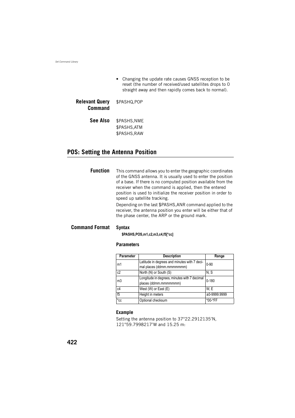 Relevant query command, See also, Pos: setting the antenna position | Function, Command format | Spectra Precision ProFlex 800 Reference Manual User Manual | Page 436 / 748