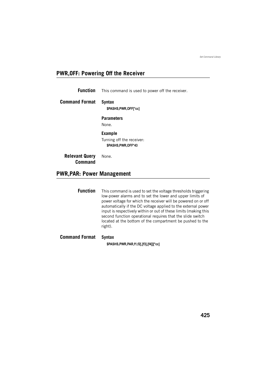 Pwr,off: powering off the receiver, Function, Command format | Relevant query command, Pwr,par: power management | Spectra Precision ProFlex 800 Reference Manual User Manual | Page 439 / 748
