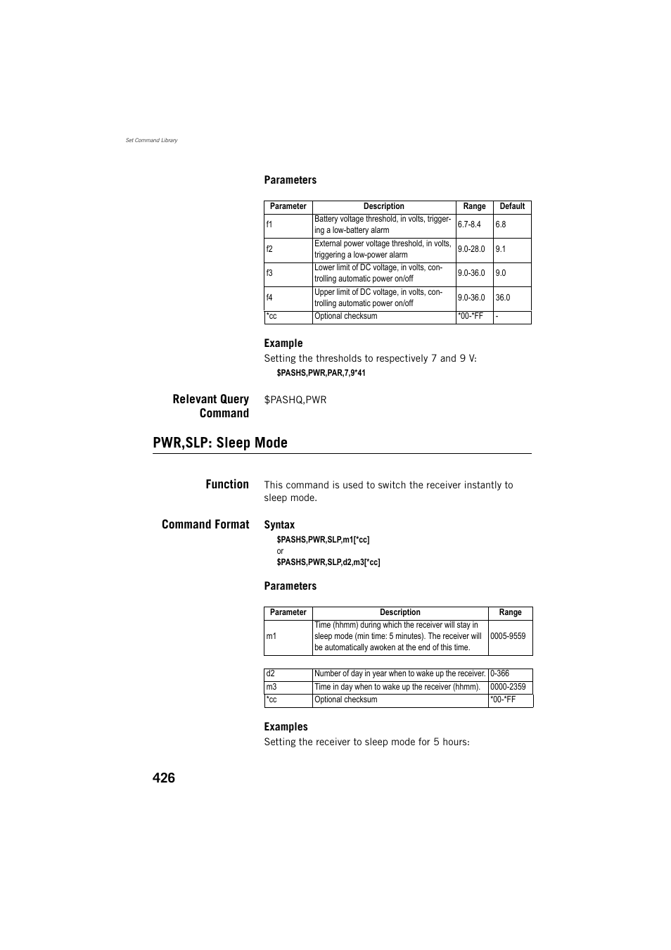 Relevant query command, Pwr,slp: sleep mode, Function | Command format | Spectra Precision ProFlex 800 Reference Manual User Manual | Page 440 / 748