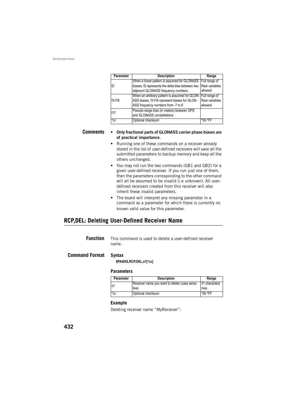 Comments, Rcp,del: deleting user-defined receiver name, Function | Command format | Spectra Precision ProFlex 800 Reference Manual User Manual | Page 446 / 748