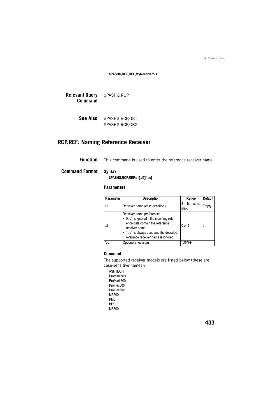 Relevant query command, See also, Rcp,ref: naming reference receiver | Function, Command format | Spectra Precision ProFlex 800 Reference Manual User Manual | Page 447 / 748