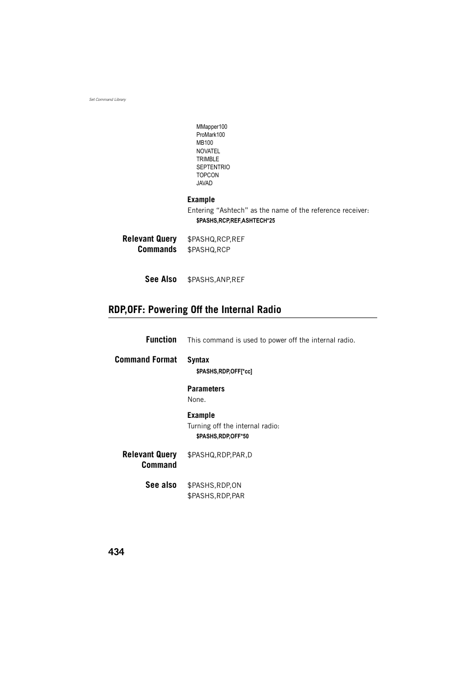 Relevant query commands, See also, Rdp,off: powering off the internal radio | Function, Command format, Relevant query command | Spectra Precision ProFlex 800 Reference Manual User Manual | Page 448 / 748