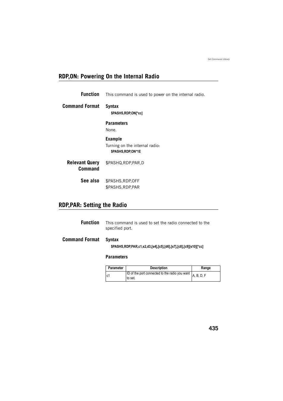 Rdp,on: powering on the internal radio, Function, Command format | Relevant query command, See also, Rdp,par: setting the radio | Spectra Precision ProFlex 800 Reference Manual User Manual | Page 449 / 748