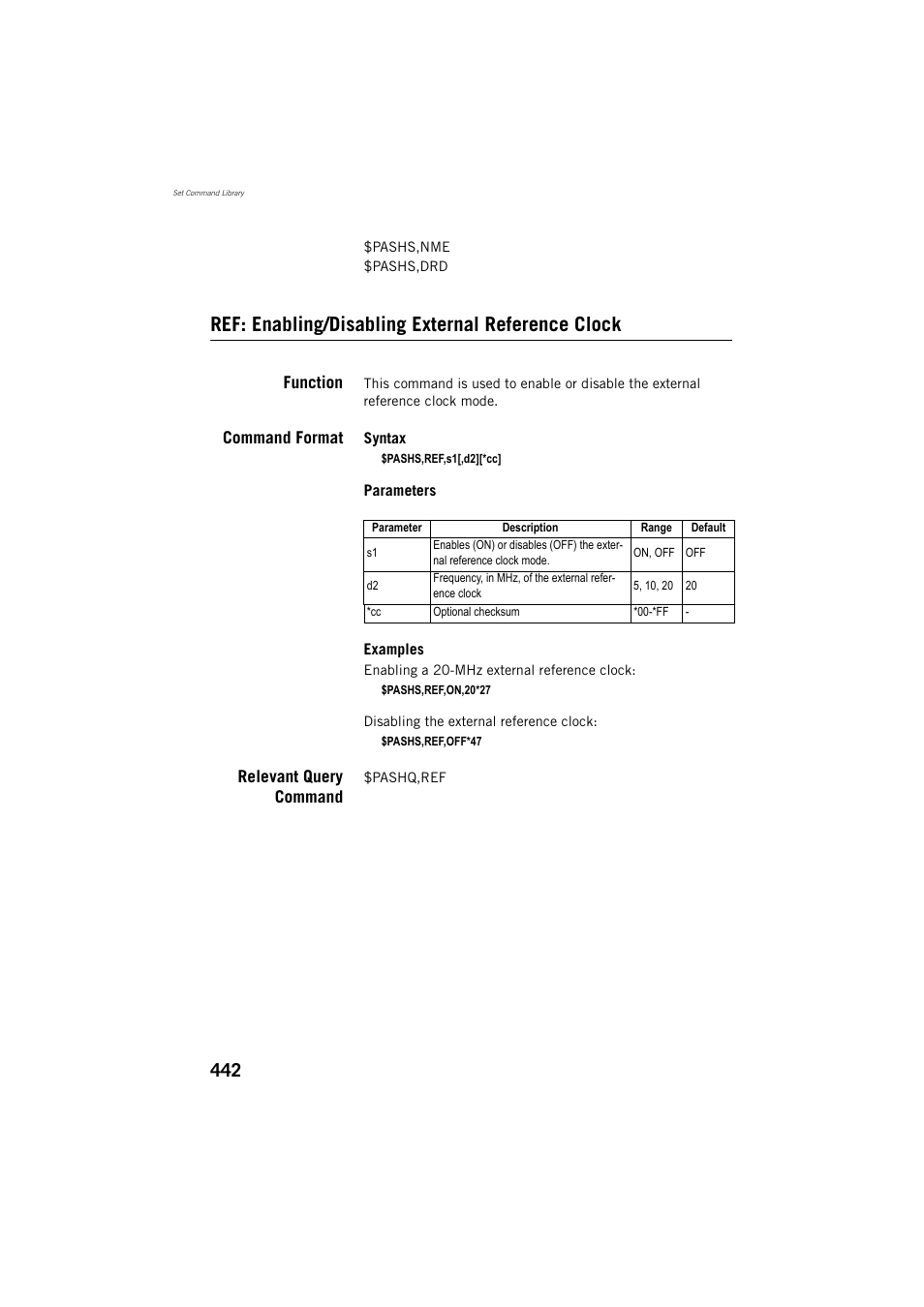 Ref: enabling/disabling external reference clock, Function, Command format | Relevant query command | Spectra Precision ProFlex 800 Reference Manual User Manual | Page 456 / 748