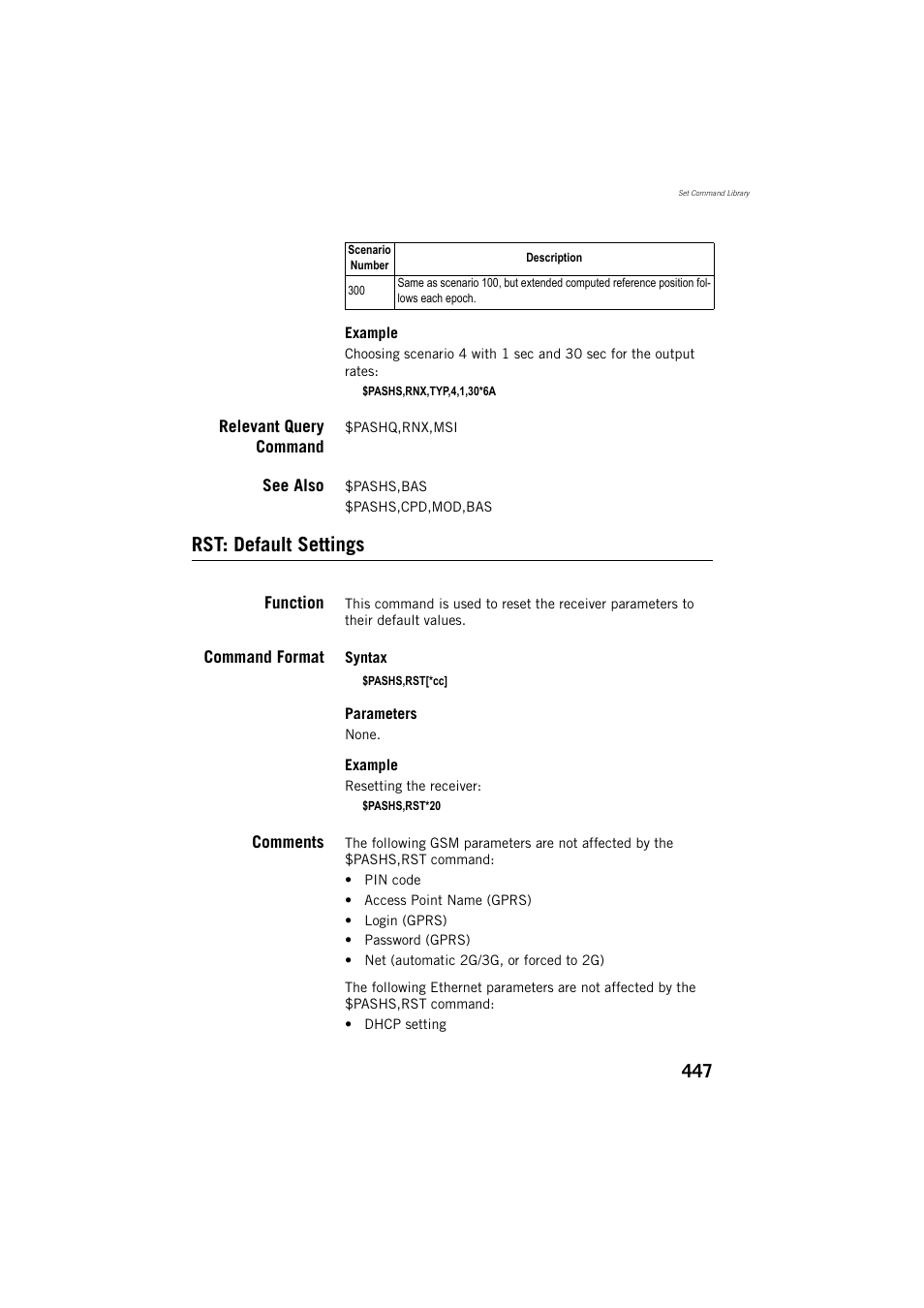 Relevant query command, See also, Rst: default settings | Function, Command format, Comments | Spectra Precision ProFlex 800 Reference Manual User Manual | Page 461 / 748