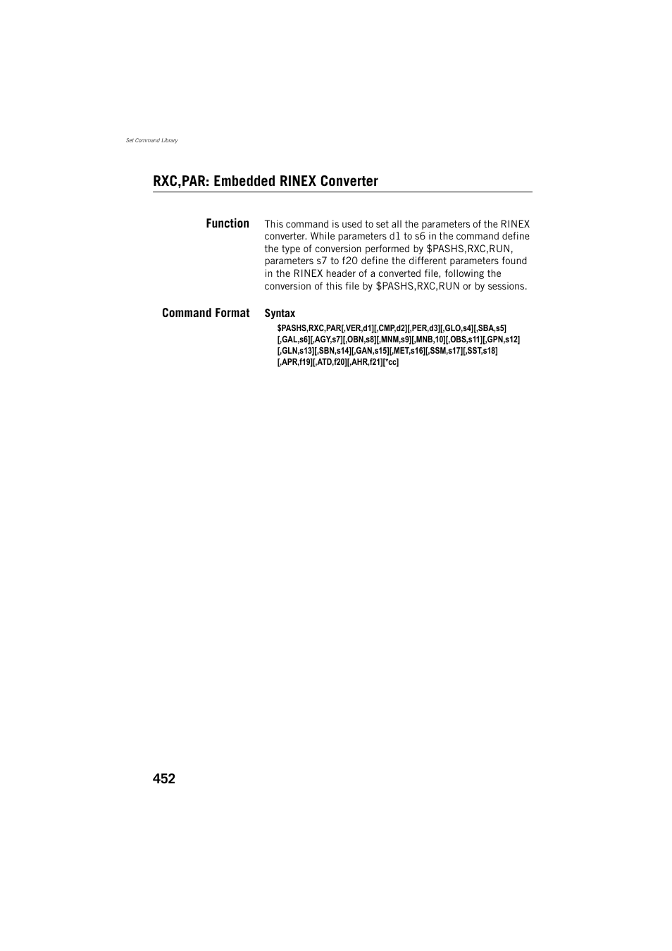 Rxc,par: embedded rinex converter, Function, Command format | Spectra Precision ProFlex 800 Reference Manual User Manual | Page 466 / 748