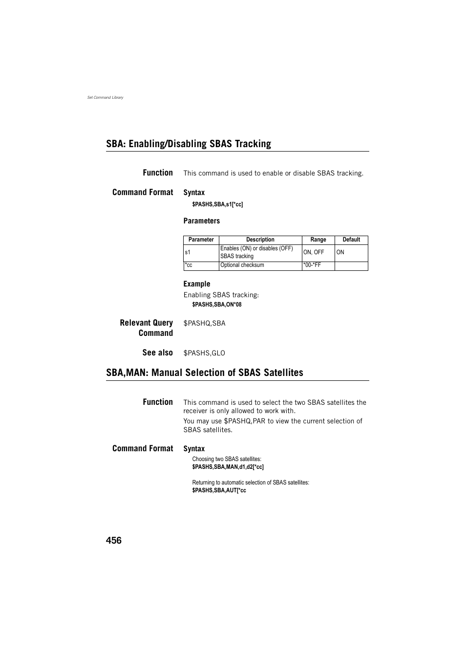 Sba: enabling/disabling sbas tracking, Function, Command format | Relevant query command, See also, Sba,man: manual selection of sbas satellites | Spectra Precision ProFlex 800 Reference Manual User Manual | Page 470 / 748