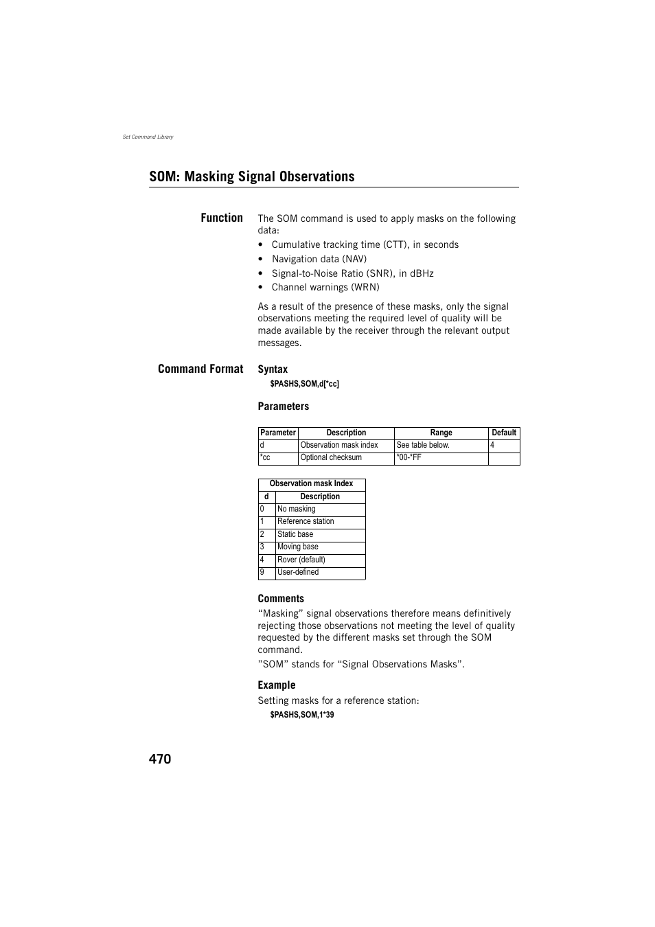 Som: masking signal observations, Function, Command format | Spectra Precision ProFlex 800 Reference Manual User Manual | Page 484 / 748
