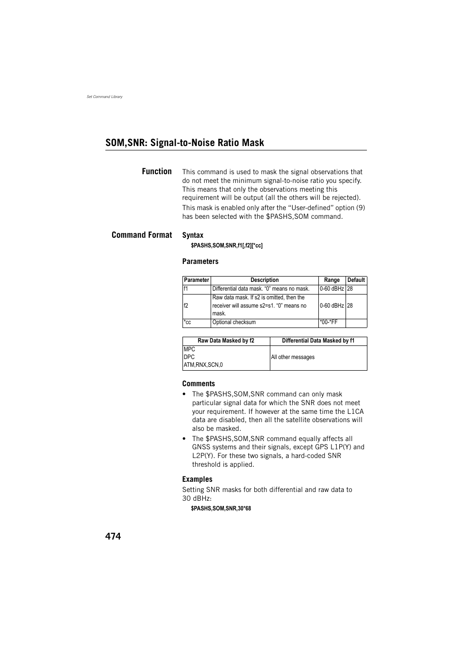 Som,snr: signal-to-noise ratio mask, Function, Command format | Spectra Precision ProFlex 800 Reference Manual User Manual | Page 488 / 748