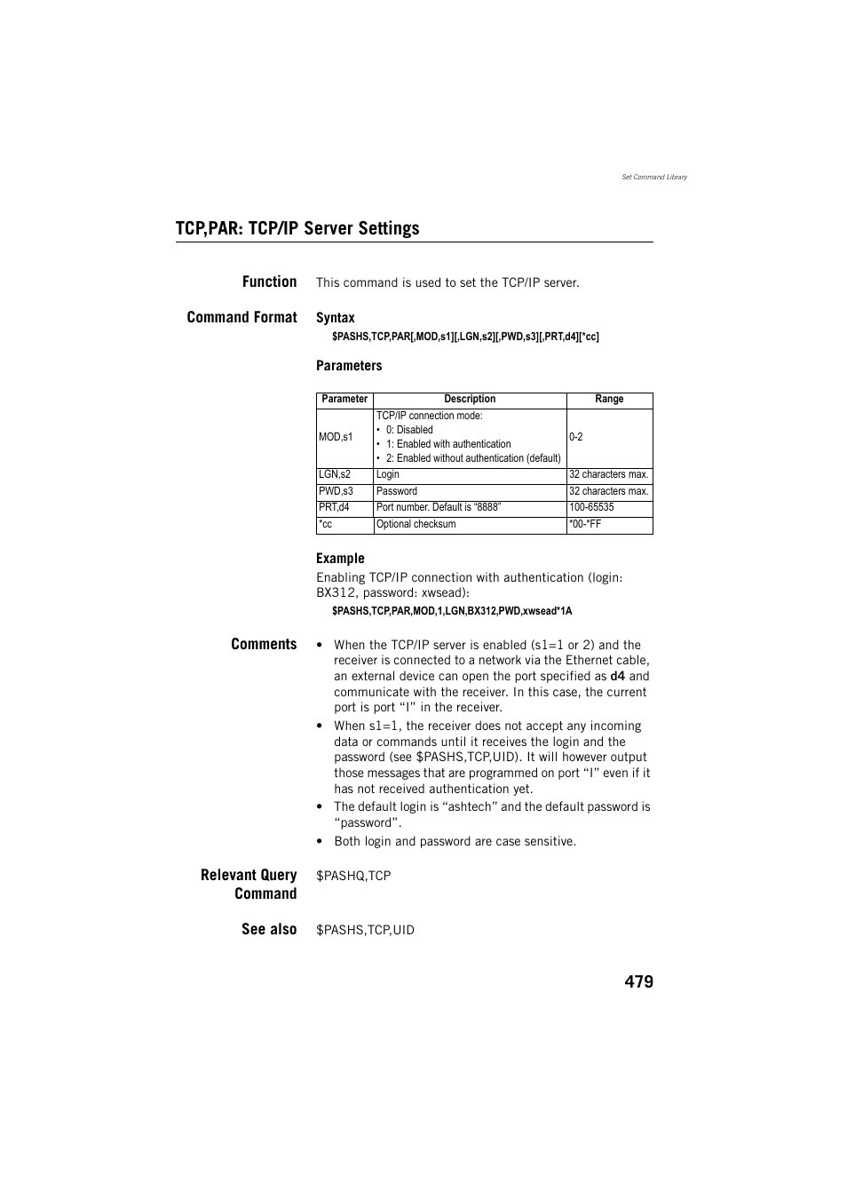 Tcp,par: tcp/ip server settings, Function, Command format | Comments, Relevant query command, See also | Spectra Precision ProFlex 800 Reference Manual User Manual | Page 493 / 748