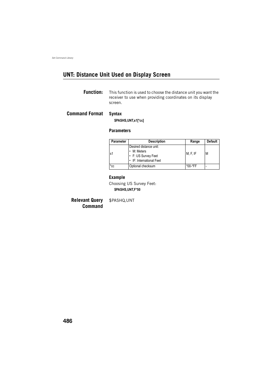 Unt: distance unit used on display screen, Function, Command format | Relevant query command | Spectra Precision ProFlex 800 Reference Manual User Manual | Page 500 / 748
