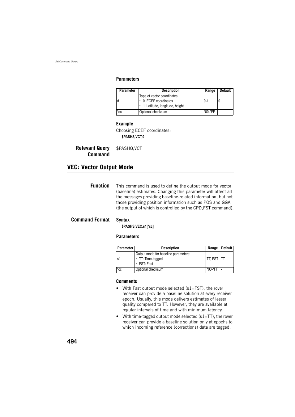 Relevant query command, Vec: vector output mode, Function | Command format | Spectra Precision ProFlex 800 Reference Manual User Manual | Page 508 / 748