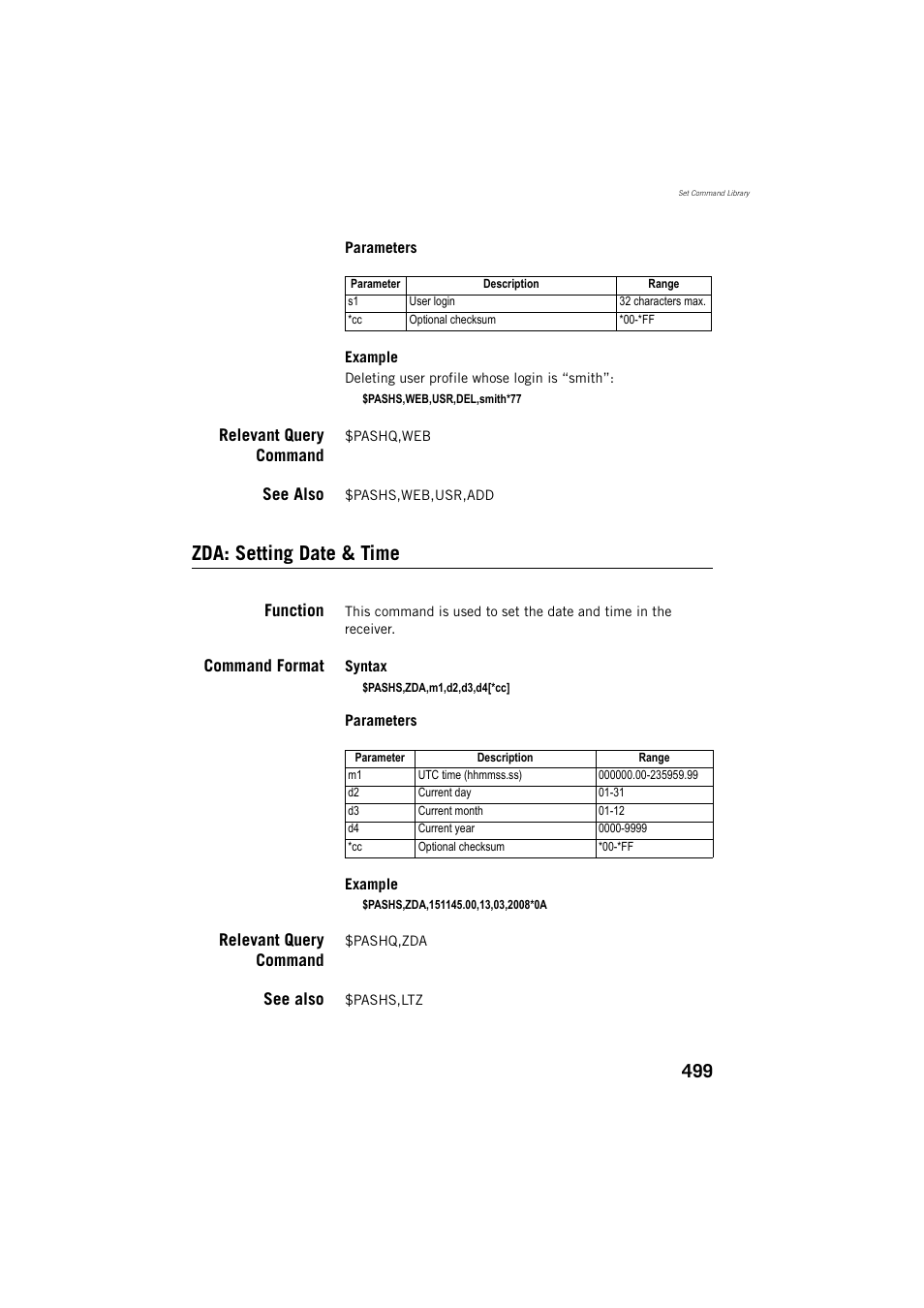 Relevant query command, See also, Zda: setting date & time | Function, Command format | Spectra Precision ProFlex 800 Reference Manual User Manual | Page 513 / 748