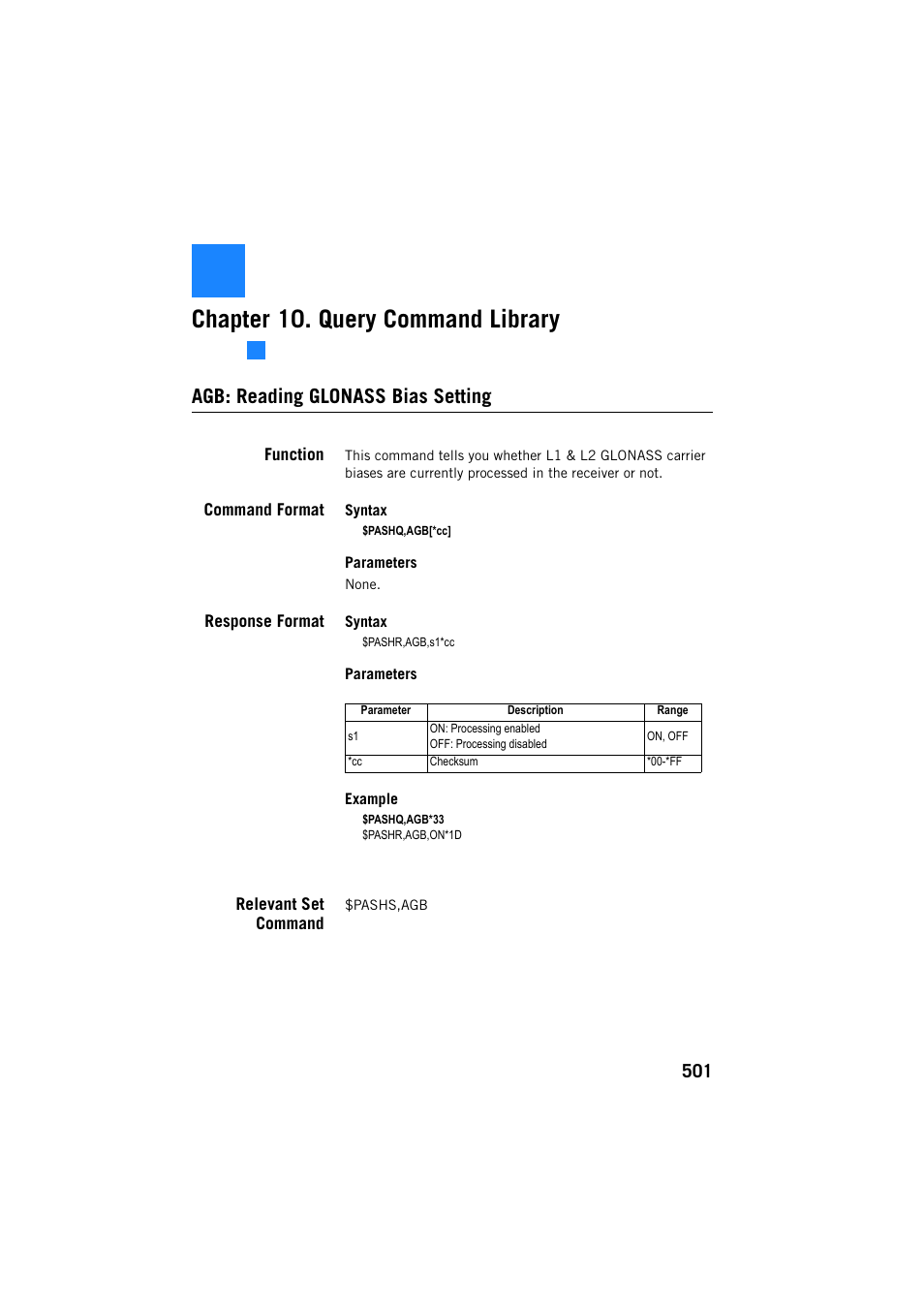 Query command library, Agb: reading glonass bias setting, Function | Command format, Response format, Relevant set command, Chapter 10. query command library | Spectra Precision ProFlex 800 Reference Manual User Manual | Page 515 / 748