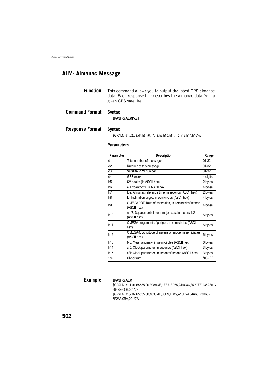 Alm: almanac message, Function, Command format | Response format, Example | Spectra Precision ProFlex 800 Reference Manual User Manual | Page 516 / 748