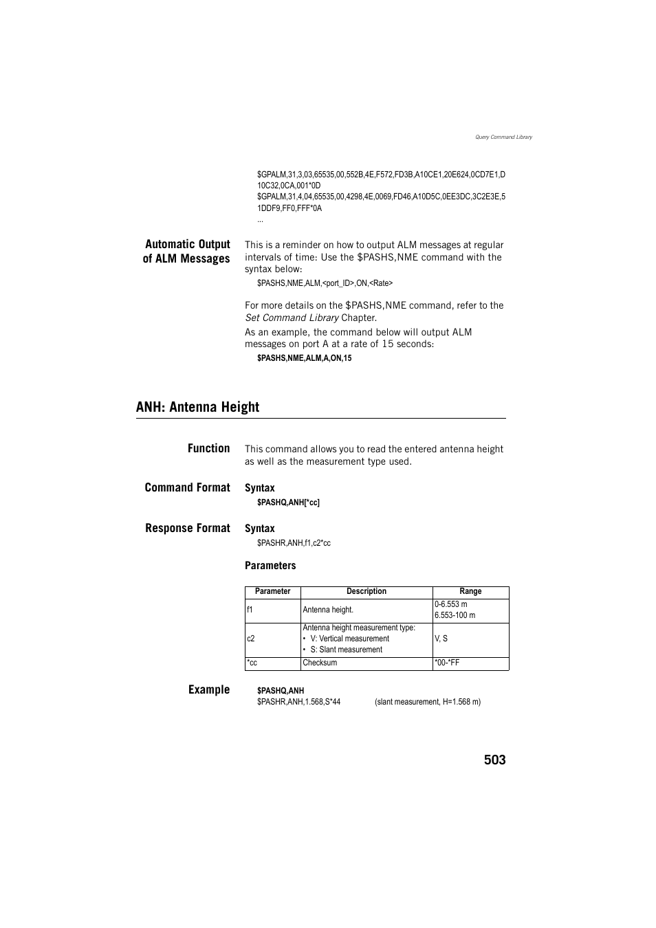 Automatic output of alm messages, Anh: antenna height, Function | Command format, Response format, Example | Spectra Precision ProFlex 800 Reference Manual User Manual | Page 517 / 748