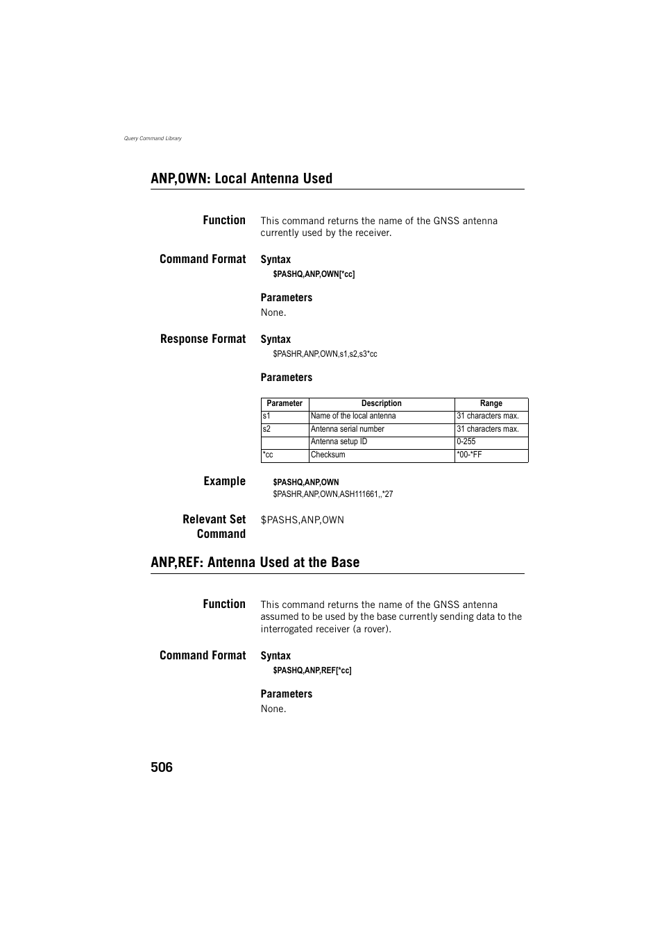 Anp,own: local antenna used, Function, Command format | Response format, Example, Relevant set command, Anp,ref: antenna used at the base | Spectra Precision ProFlex 800 Reference Manual User Manual | Page 520 / 748