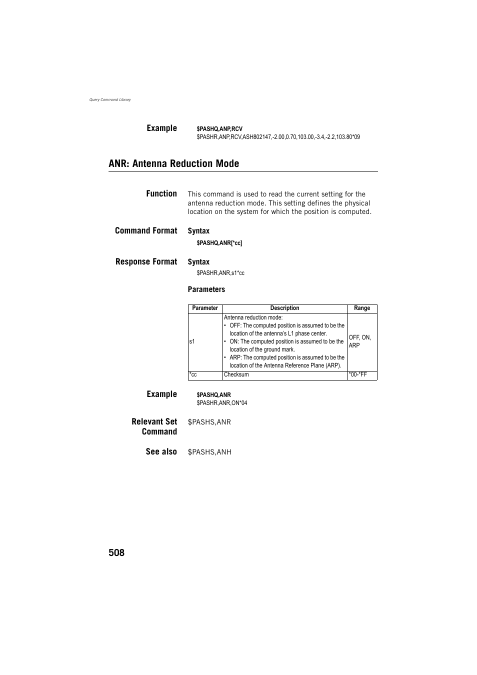 Example, Anr: antenna reduction mode, Function | Command format, Response format, Relevant set command, See also | Spectra Precision ProFlex 800 Reference Manual User Manual | Page 522 / 748