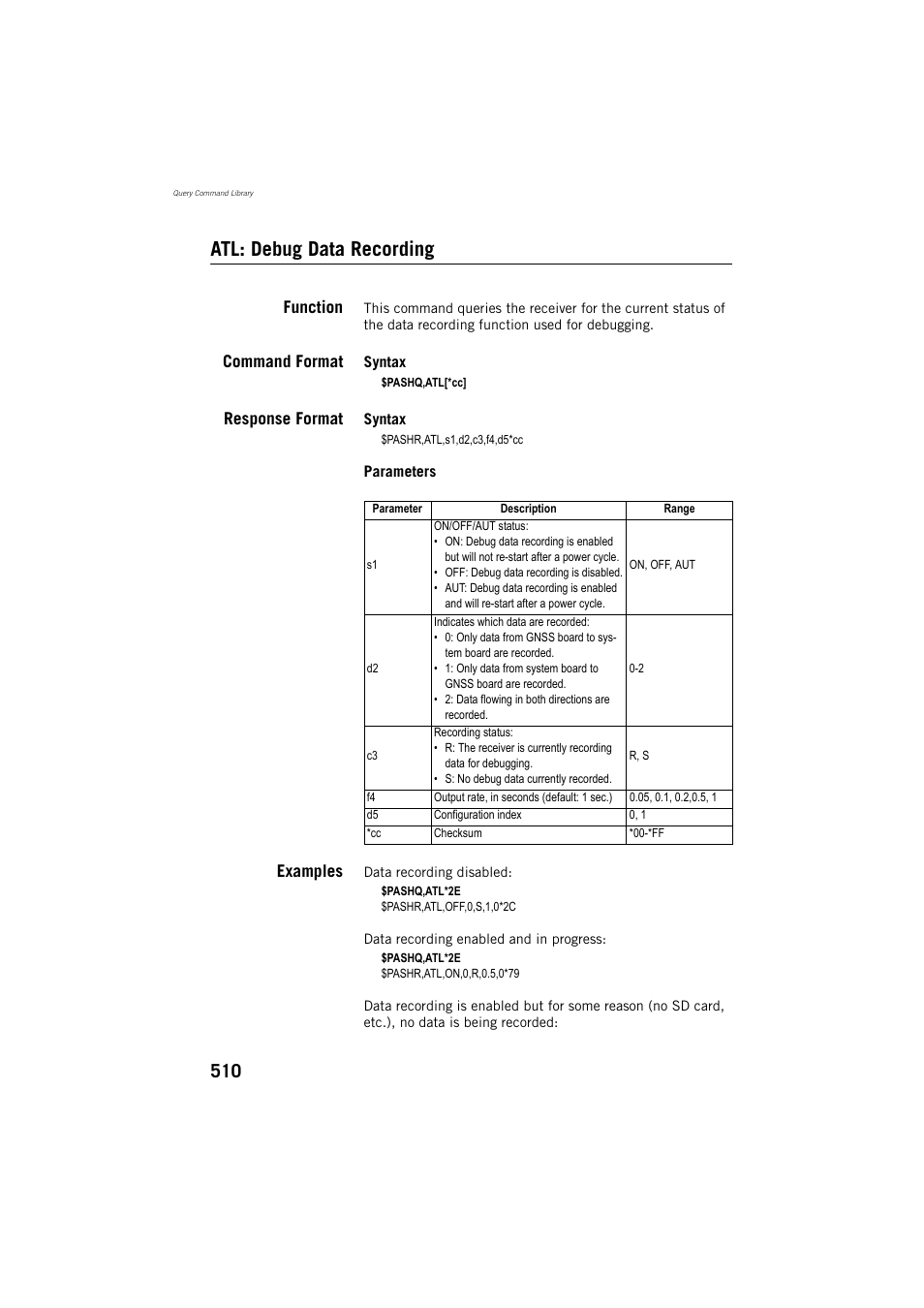 Atl: debug data recording, Function, Command format | Response format, Examples | Spectra Precision ProFlex 800 Reference Manual User Manual | Page 524 / 748