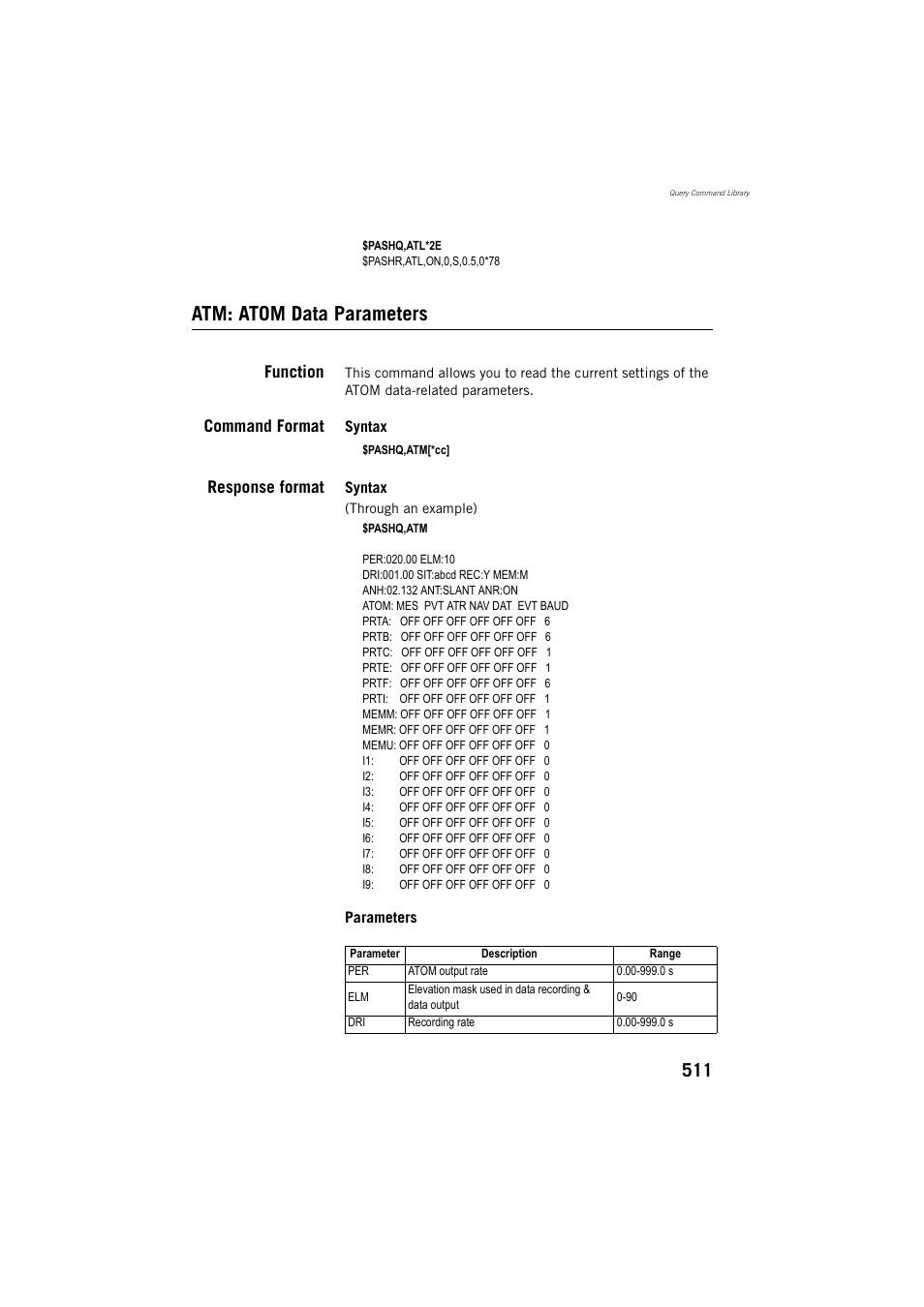 Atm: atom data parameters, Function, Command format | Response format | Spectra Precision ProFlex 800 Reference Manual User Manual | Page 525 / 748