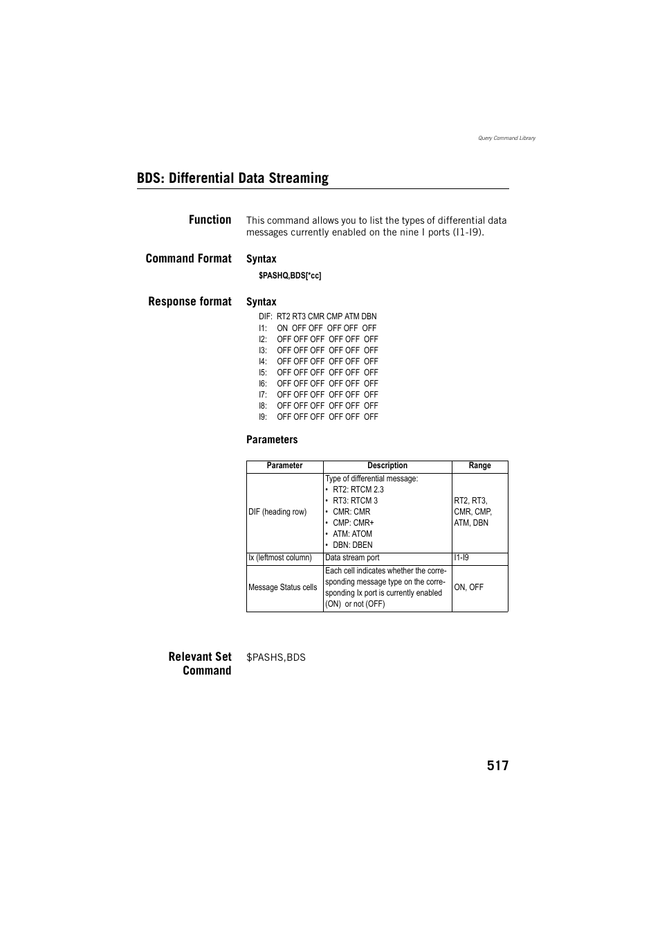 Bds: differential data streaming, Function, Command format | Response format, Relevant set command | Spectra Precision ProFlex 800 Reference Manual User Manual | Page 531 / 748