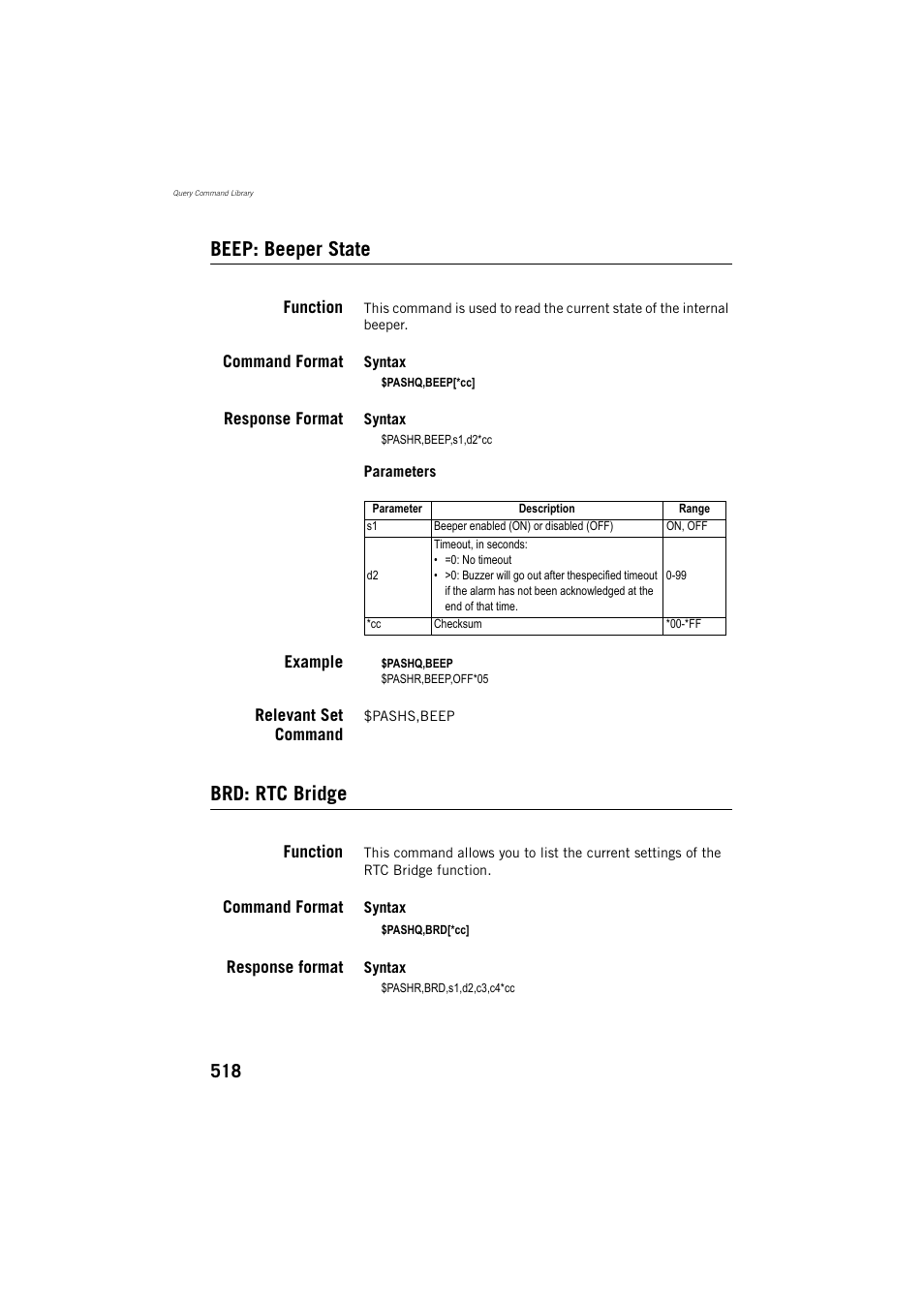 Beep: beeper state, Function, Command format | Response format, Example, Relevant set command, Brd: rtc bridge | Spectra Precision ProFlex 800 Reference Manual User Manual | Page 532 / 748