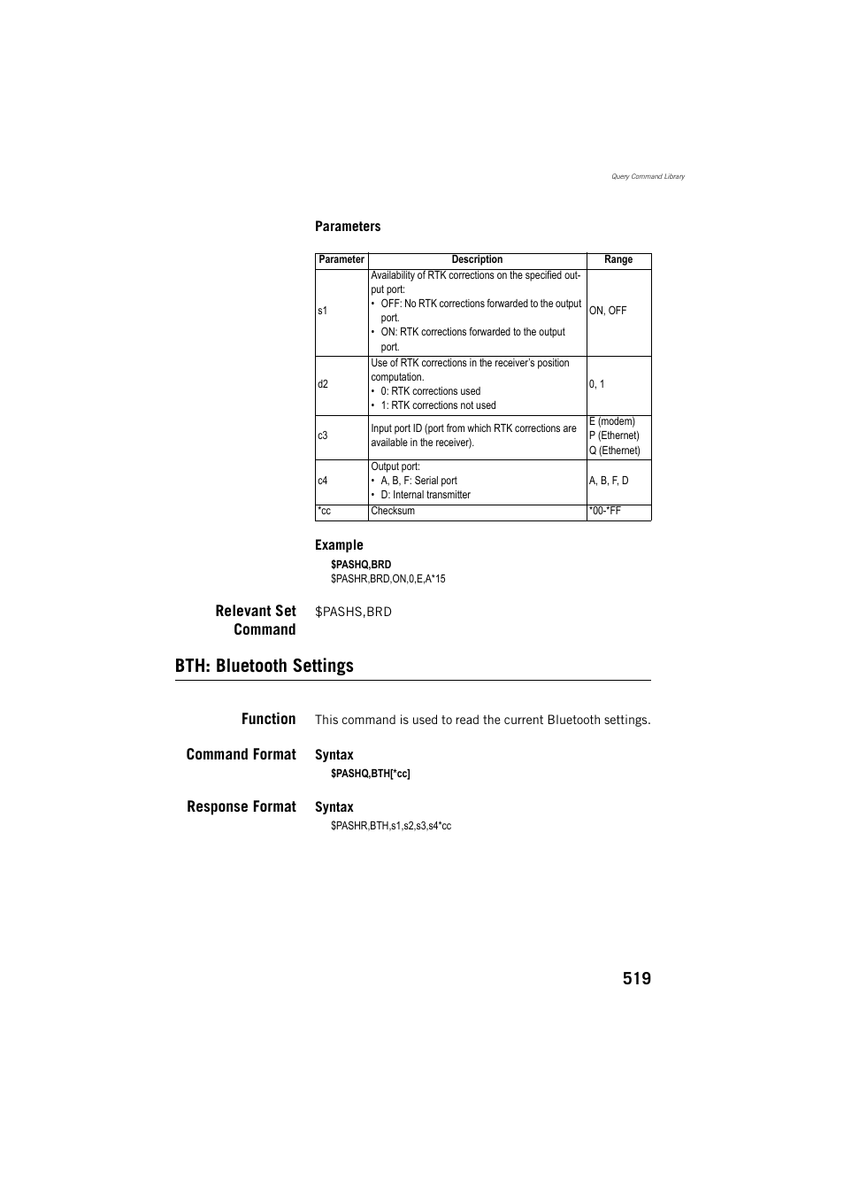 Relevant set command, Bth: bluetooth settings, Function | Command format, Response format | Spectra Precision ProFlex 800 Reference Manual User Manual | Page 533 / 748
