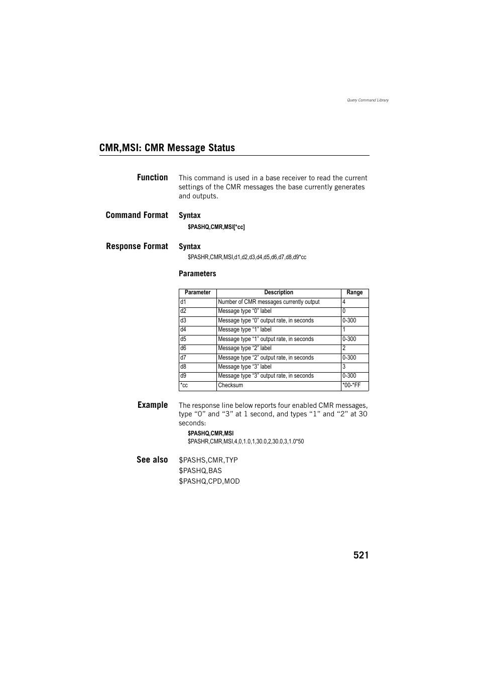 Cmr,msi: cmr message status, Function, Command format | Response format, Example, See also | Spectra Precision ProFlex 800 Reference Manual User Manual | Page 535 / 748