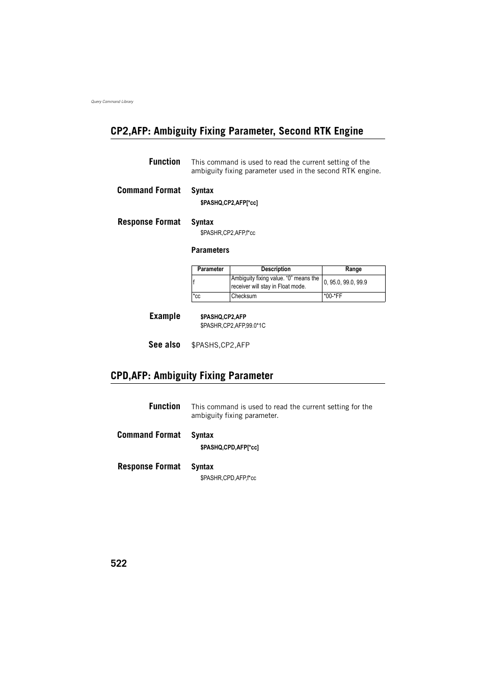 Function, Command format, Response format | Example, See also, Cpd,afp: ambiguity fixing parameter | Spectra Precision ProFlex 800 Reference Manual User Manual | Page 536 / 748