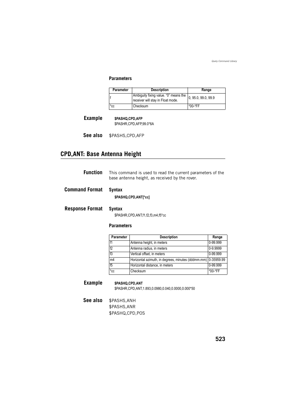 Example, See also, Cpd,ant: base antenna height | Function, Command format, Response format | Spectra Precision ProFlex 800 Reference Manual User Manual | Page 537 / 748