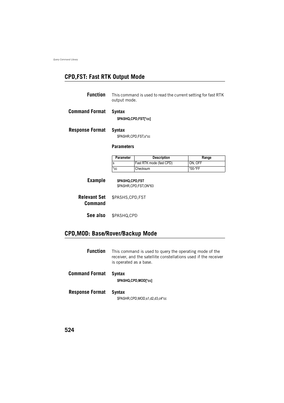 Cpd,fst: fast rtk output mode, Function, Command format | Response format, Example, Relevant set command, See also, Cpd,mod: base/rover/backup mode | Spectra Precision ProFlex 800 Reference Manual User Manual | Page 538 / 748