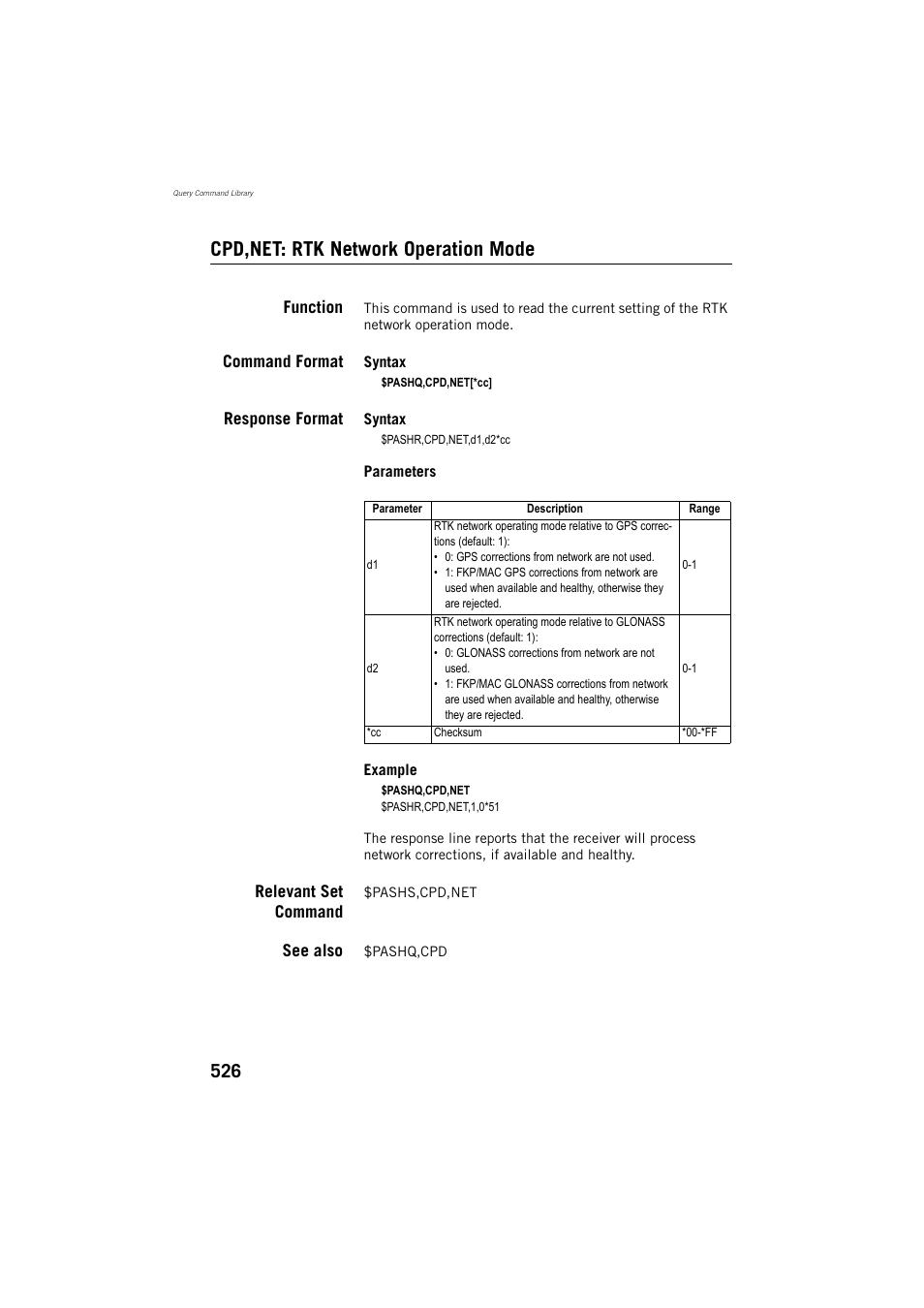 Cpd,net: rtk network operation mode, Function, Command format | Response format, Relevant set command, See also | Spectra Precision ProFlex 800 Reference Manual User Manual | Page 540 / 748