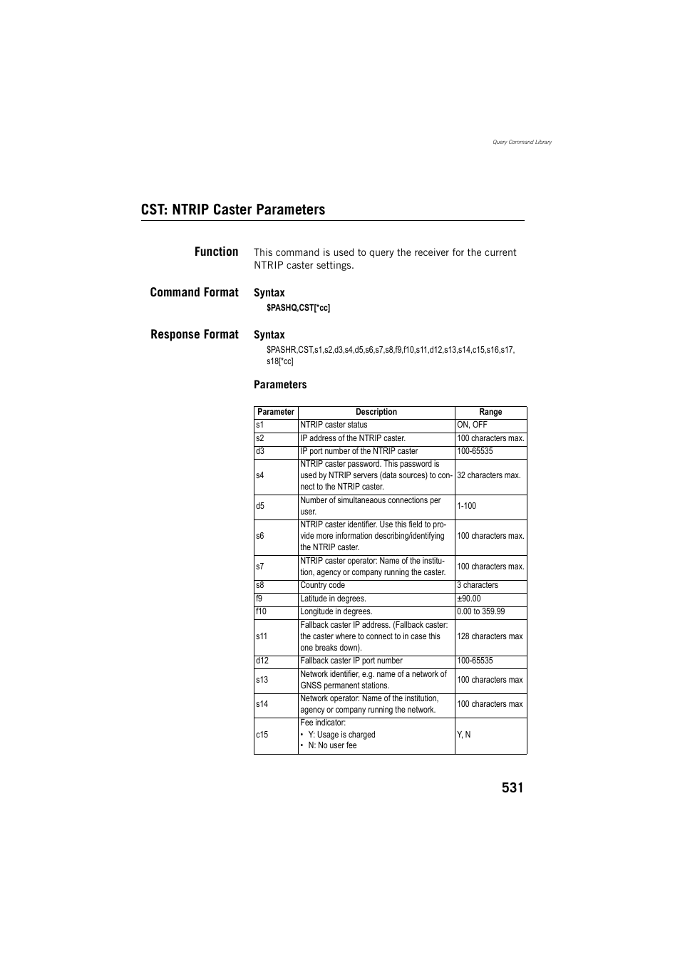 Cst: ntrip caster parameters, Function, Command format | Response format | Spectra Precision ProFlex 800 Reference Manual User Manual | Page 545 / 748