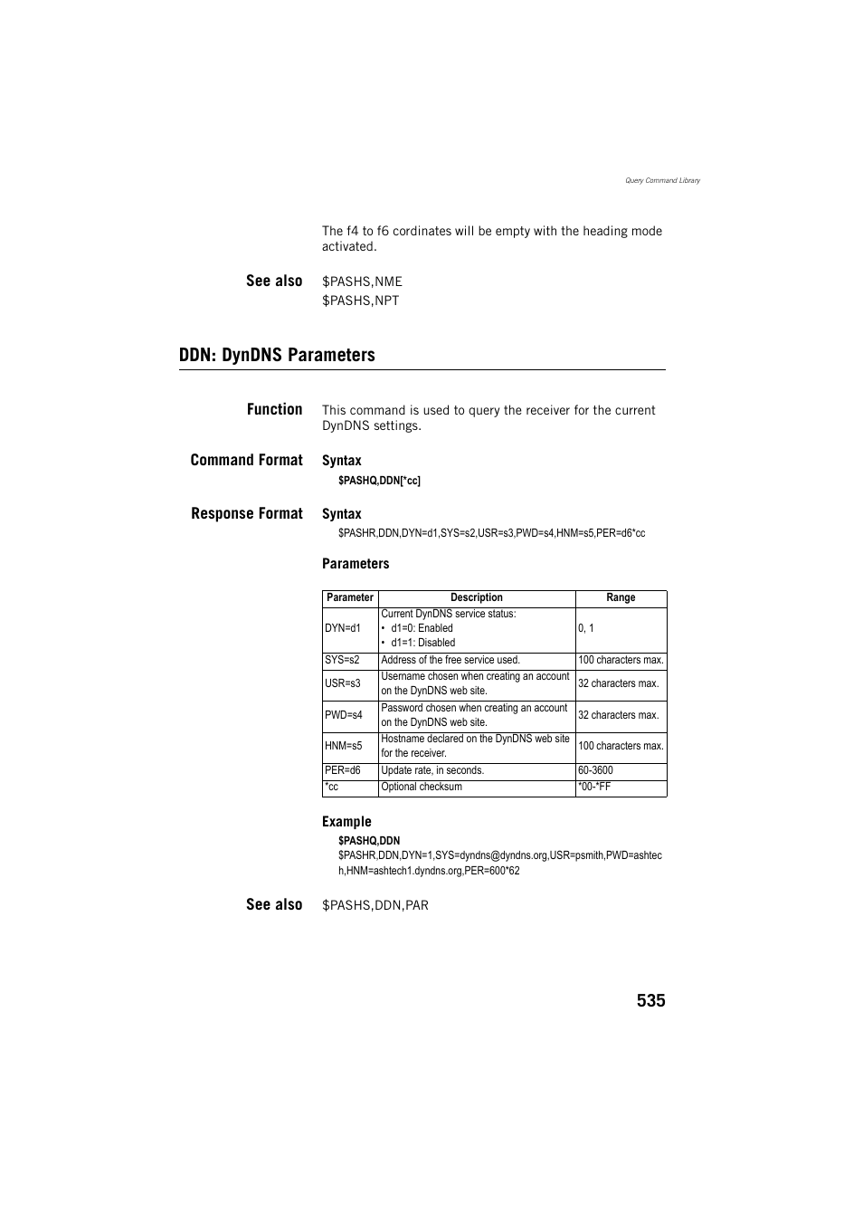 See also, Ddn: dyndns parameters, Function | Command format, Response format | Spectra Precision ProFlex 800 Reference Manual User Manual | Page 549 / 748