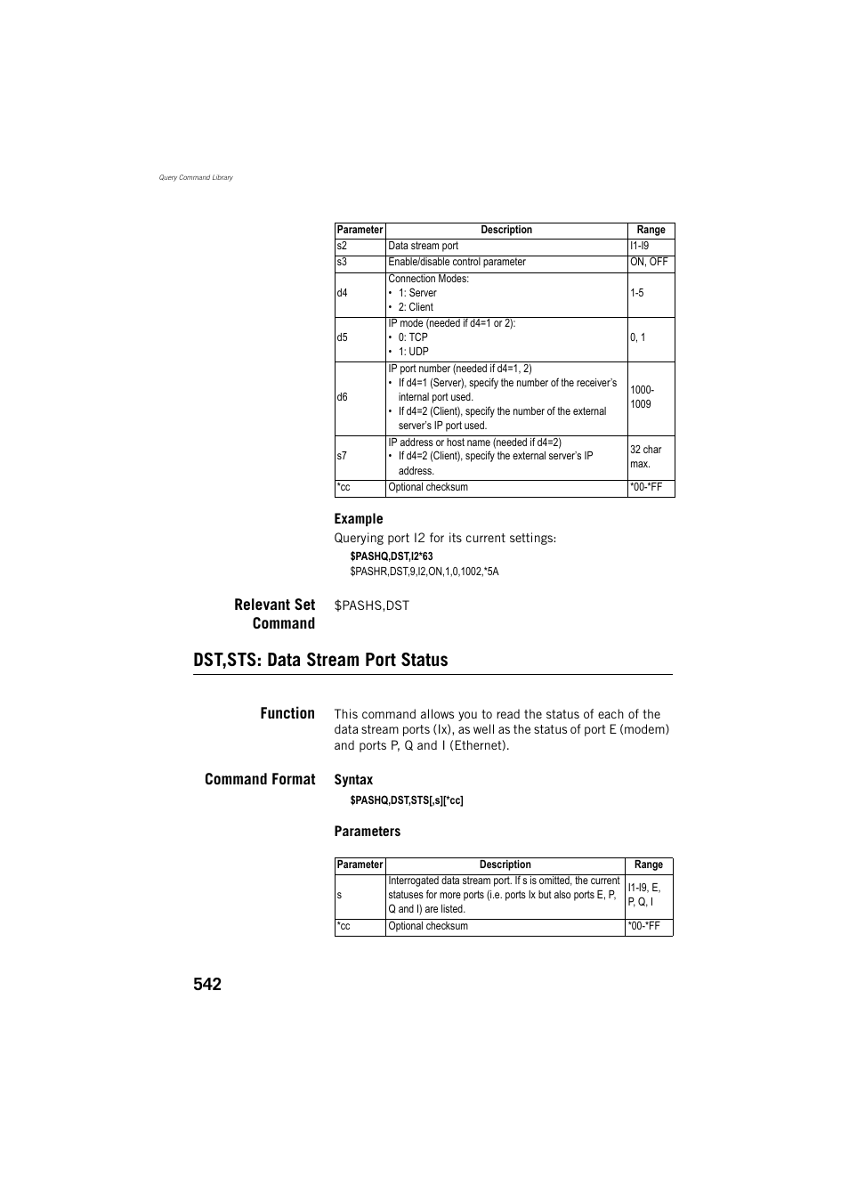 Relevant set command, Dst,sts: data stream port status, Function | Command format | Spectra Precision ProFlex 800 Reference Manual User Manual | Page 556 / 748