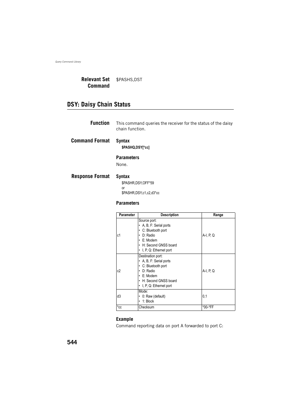 Relevant set command, Dsy: daisy chain status, Function | Command format, Response format | Spectra Precision ProFlex 800 Reference Manual User Manual | Page 558 / 748