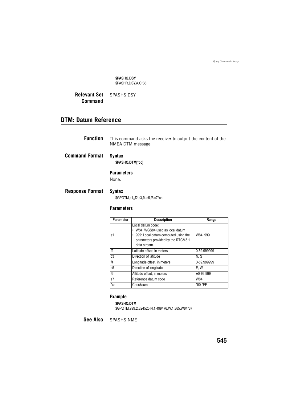 Relevant set command, Dtm: datum reference, Function | Command format, Response format, See also | Spectra Precision ProFlex 800 Reference Manual User Manual | Page 559 / 748