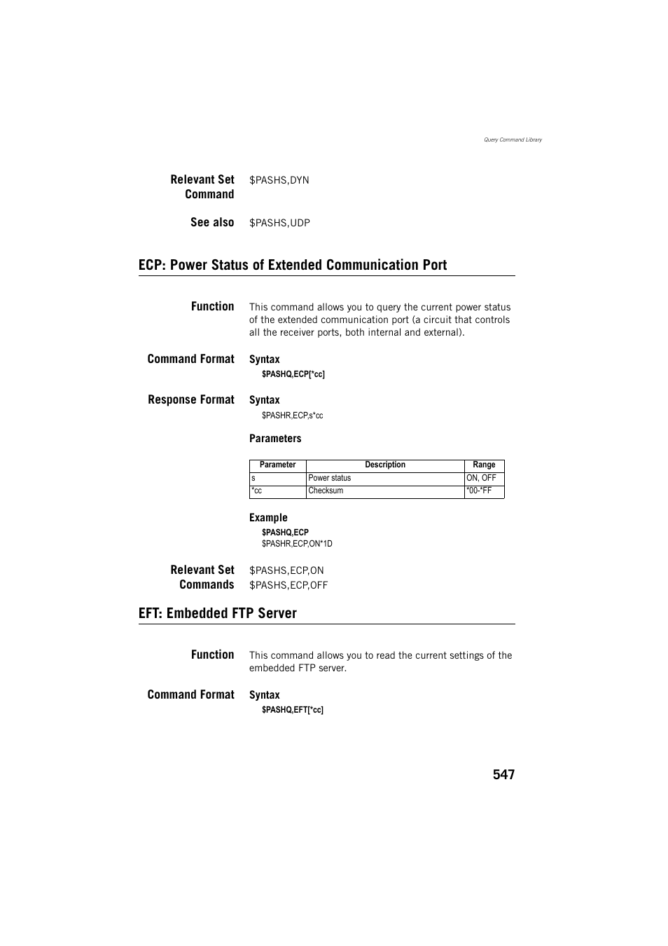 Relevant set command, See also, Ecp: power status of extended communication port | Function, Command format, Response format, Relevant set commands, Eft: embedded ftp server | Spectra Precision ProFlex 800 Reference Manual User Manual | Page 561 / 748