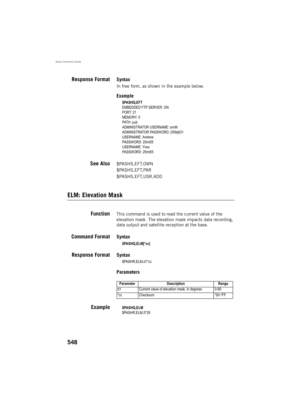 Response format, See also, Elm: elevation mask | Function, Command format, Example | Spectra Precision ProFlex 800 Reference Manual User Manual | Page 562 / 748