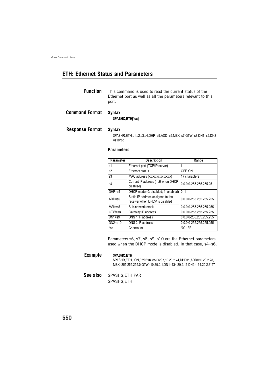 Eth: ethernet status and parameters, Function, Command format | Response format, Example, See also | Spectra Precision ProFlex 800 Reference Manual User Manual | Page 564 / 748