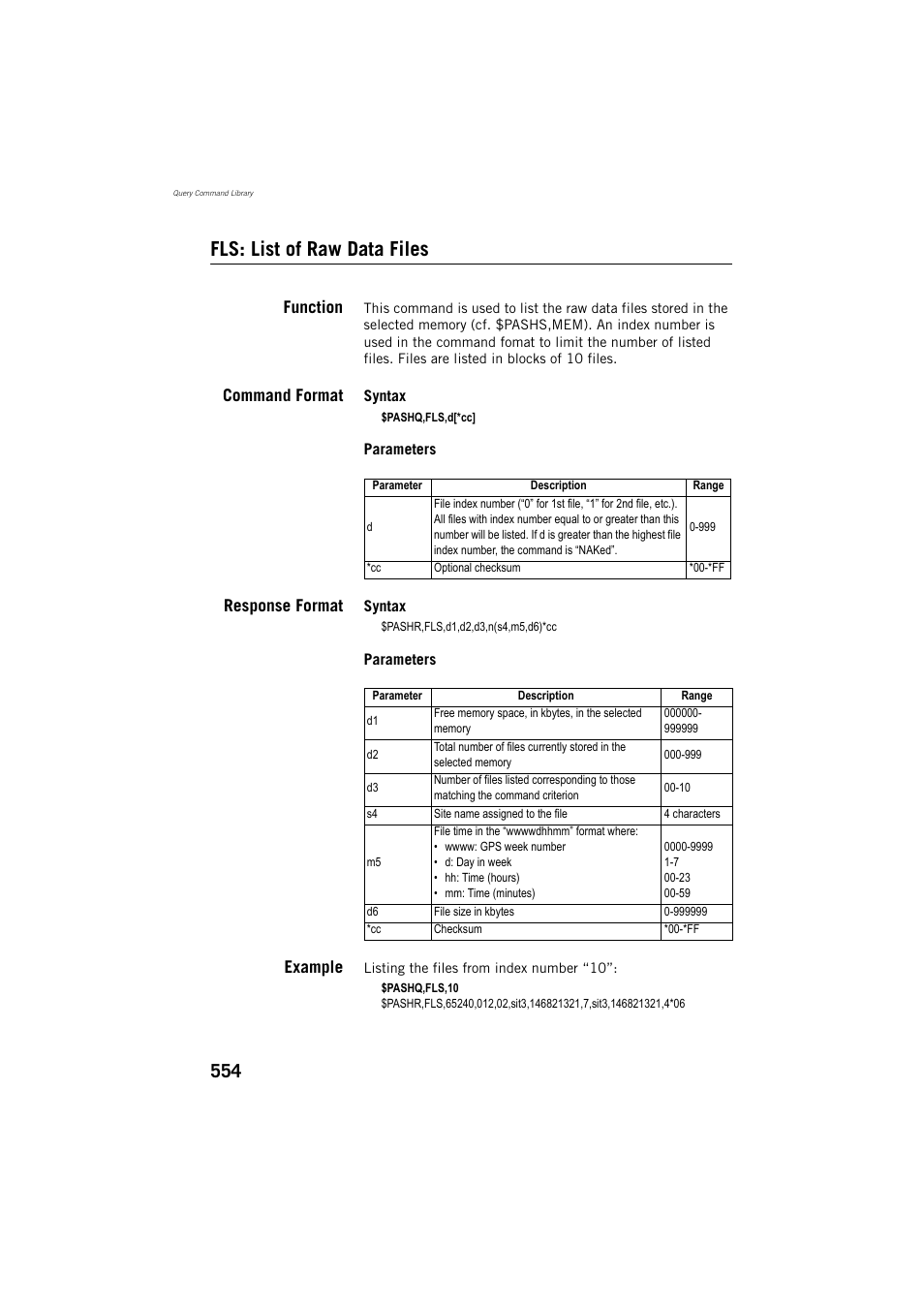Fls: list of raw data files, Function, Command format | Response format, Example | Spectra Precision ProFlex 800 Reference Manual User Manual | Page 568 / 748