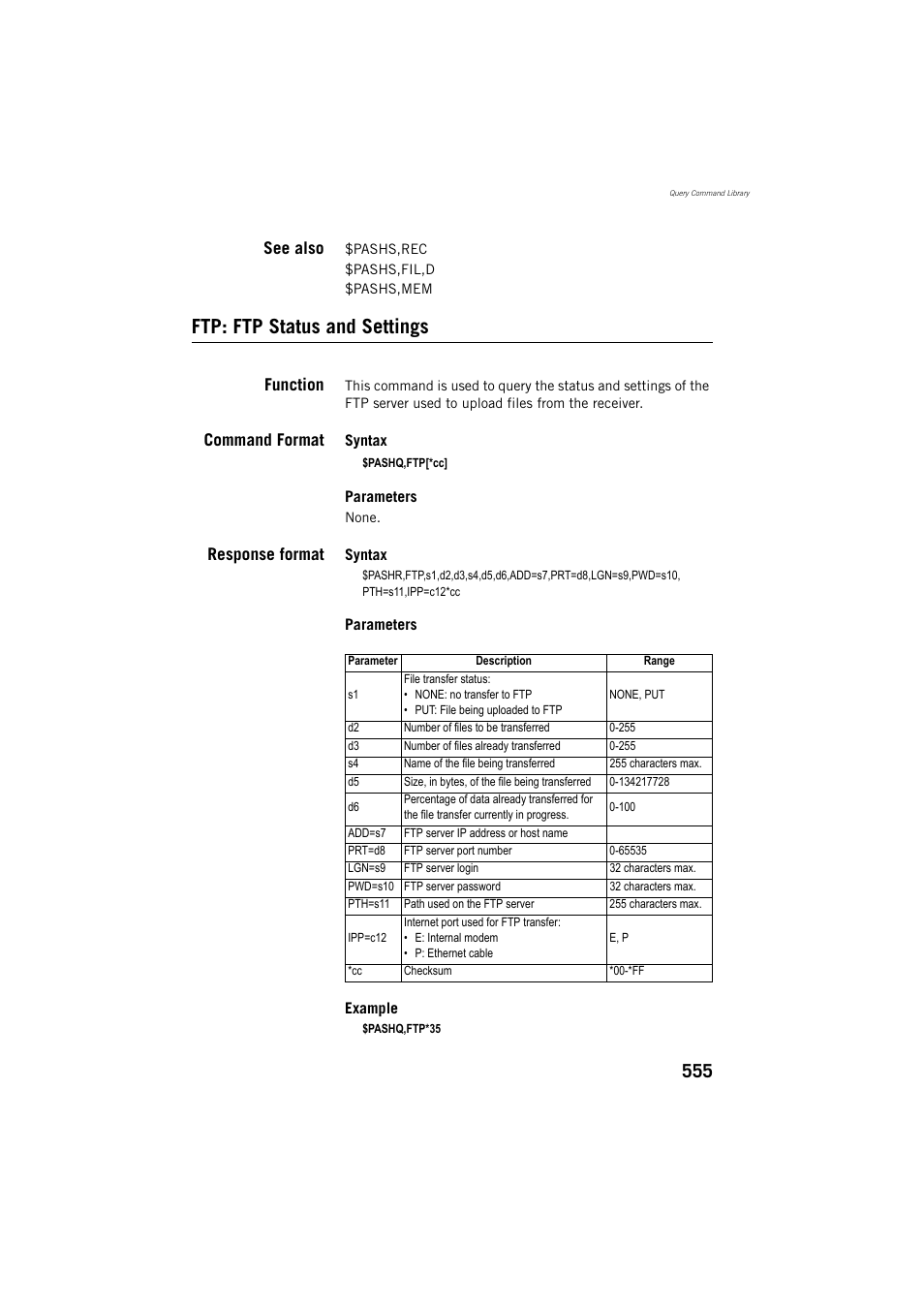 See also, Ftp: ftp status and settings, Function | Command format, Response format | Spectra Precision ProFlex 800 Reference Manual User Manual | Page 569 / 748