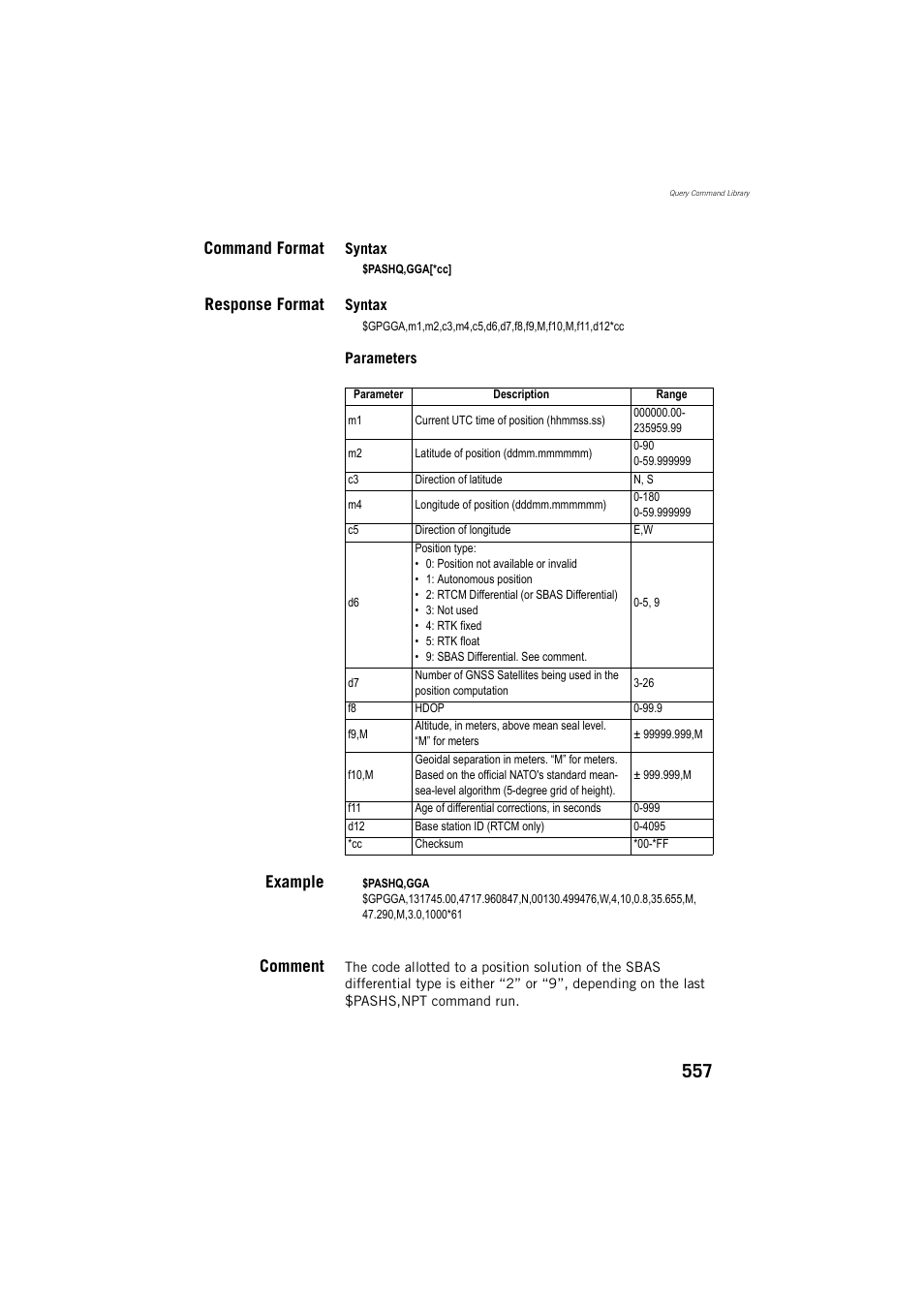 Command format, Response format, Example | Comment | Spectra Precision ProFlex 800 Reference Manual User Manual | Page 571 / 748